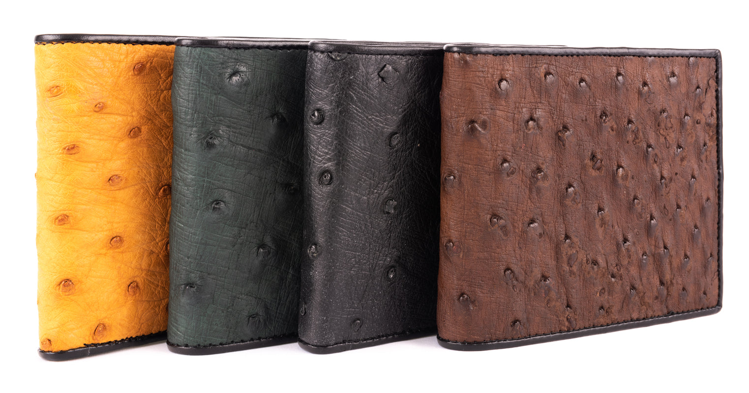 4 ostrich skin wallets in different colours